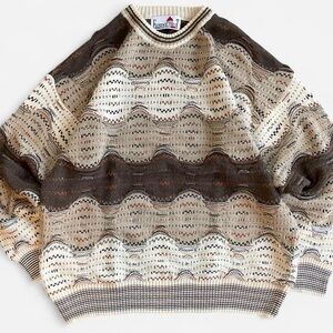 Vintage Florence Tricot Brown Tan Cream Multicolored Knit Retro Grandpa Sweater